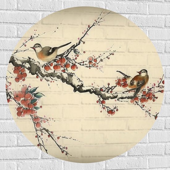 Muursticker Cirkel - Tekening van Vogeltjes op Smalle Tak met Rode Bloemen - 90x90 cm Foto op Muursticker