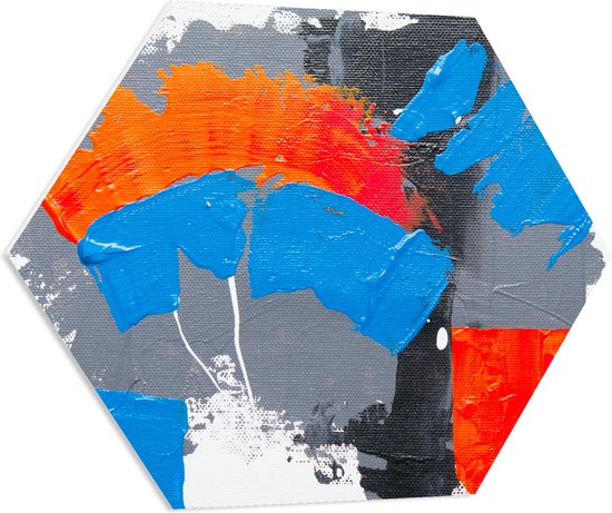 PVC Schuimplaat Hexagon - Oranje, Rode Blauwe en Grijze Verfvlekken op Witte Achtergrond - 80x69.6 cm Foto op Hexagon (Met Ophangsysteem)