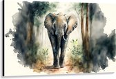 Canvas - Tekening van Olifant Lopend door het Bos - 150x100 cm Foto op Canvas Schilderij (Wanddecoratie op Canvas)