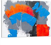 Dibond - Oranje, Rode Blauwe en Grijze Verfvlekken op Witte Achtergrond - 100x75 cm Foto op Aluminium (Wanddecoratie van metaal)