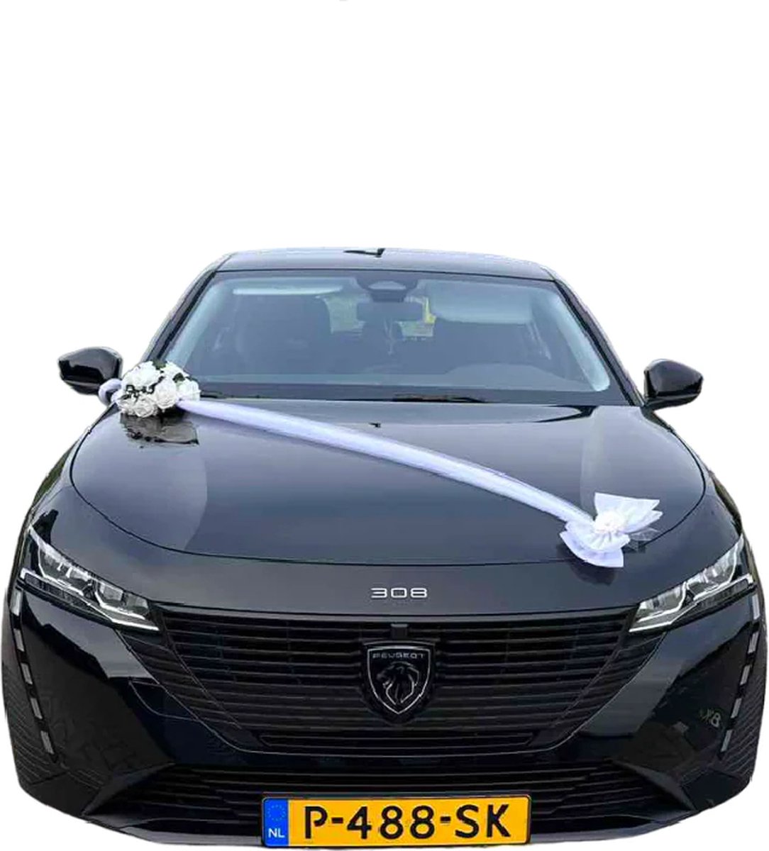 AUTODECO.NL - Ariana Wit Luxe trouwauto decoratie versiering wit- Trouwauto Decoratie witte lint met witte Rozen - Autodecoratie - witte Rozen - Motorkap Versiering - Autobloemstuk Bruiloft - Bloemen op de Auto - Bloemen op de Motorkap - Trouwen