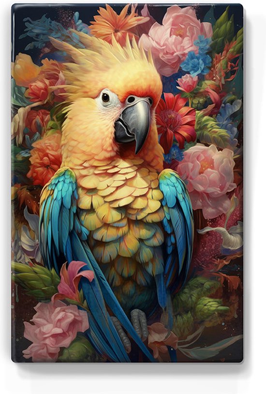 Gele papegaai met bloemen - Laqueprint - 19,5 x 30 cm - Niet van echt te onderscheiden handgelakt schilderijtje op hout - Mooier dan een print op canvas. - LP307