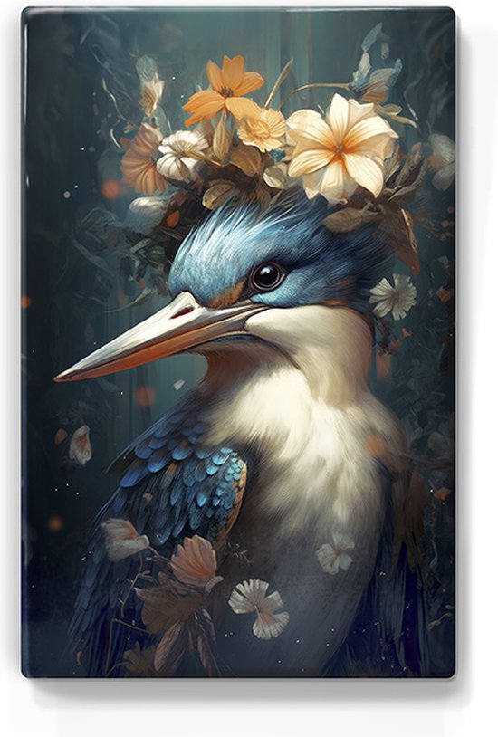 Martin-pêcheur avec fleurs Gros plan - Impression laquée - 19,5 x 30 cm - Impossible à distinguer d'une véritable peinture sur bois peinte à la main - Plus belle qu'une impression sur toile. -LP326