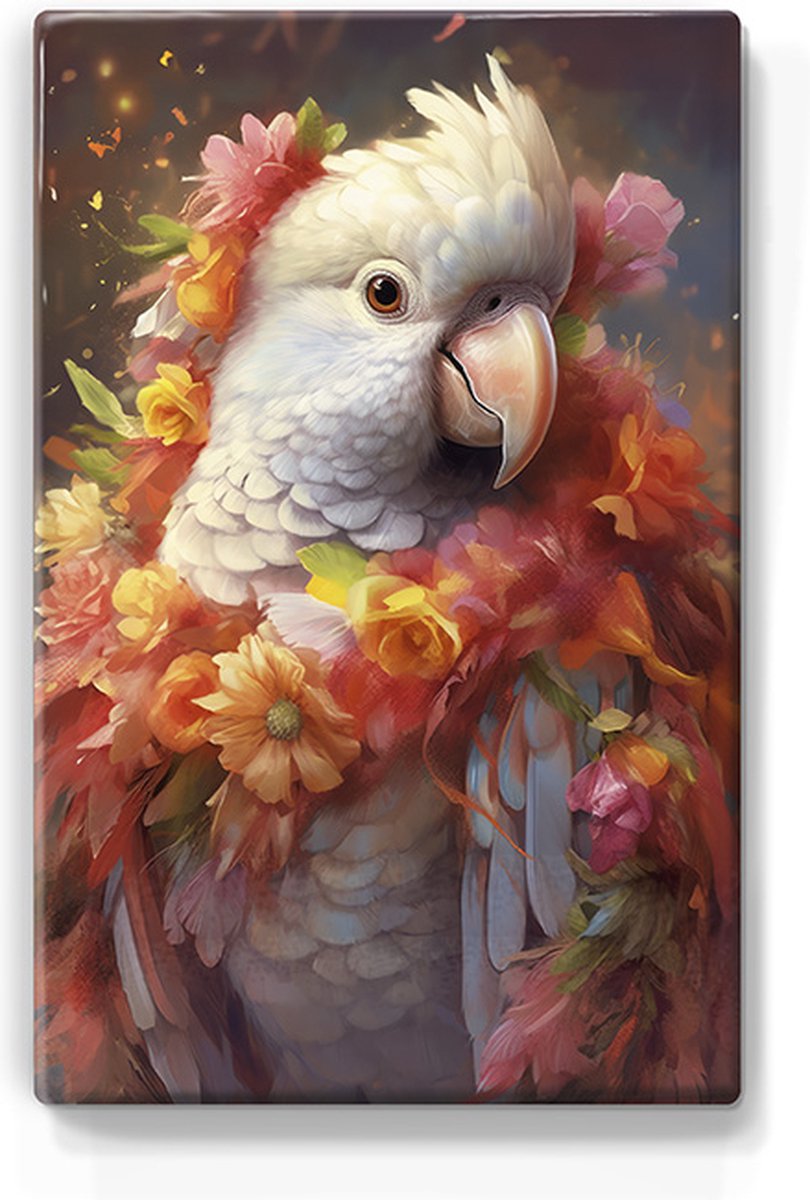 Witte Papegaai met bloemen - Laqueprint - 19,5 x 30 cm - Niet van echt te onderscheiden handgelakt schilderijtje op hout - Mooier dan een print op canvas. - LP321