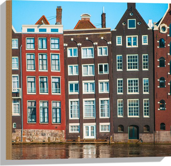 Hout - Traditionele Grachtenpanden van Amsterdam in Verschillende Kleuren - 50x50 cm - 9 mm dik - Foto op Hout (Met Ophangsysteem)