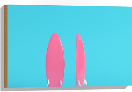 Hout - Twee Roze Surfboads tegen Felblauwe Achtergrond - 60x40 cm - 9 mm dik - Foto op Hout (Met Ophangsysteem)