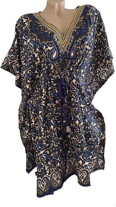 Kaftan - Tuniek - Jurk 90CM met aantrekkoord One size donkerblauw/geel