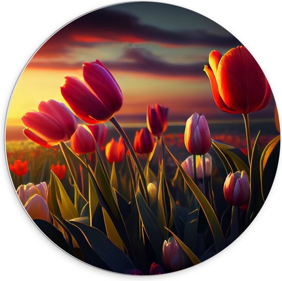 PVC Schuimplaat Muurcirkel - Kleurrijke Tulpen in Bloemenveld - 70x70 cm Foto op Muurcirkel (met ophangsysteem)