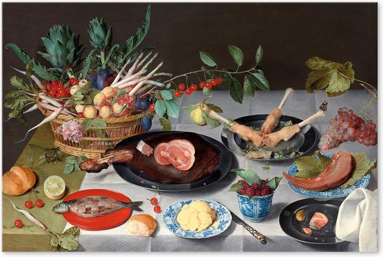 Nature morte avec viande, poisson, légumes et fruits - Jacob van Hulsdonck - Peinture sur toile