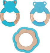 Bo Jungle - Houten speelgoed met silicone voor baby - Bij doorkomende tandjes - Bijtring met diertjes en bloem - Kraamcadeau - Voordeelpakket - Set van 3 bijtringen Blauw