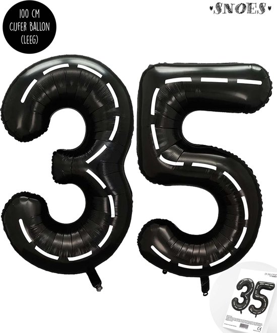 Cijfer Helium Folie Ballon XXL - 35 jaar cijfer - Zwart - Wit - Race Thema - Formule1 - 100 cm - Snoes