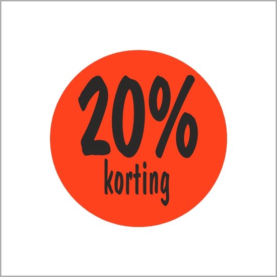 Promotiestickers - 20% Korting Etiketten - Reclame Stickers - Ø35 mm - Fluor Rood - Rol van 500 stuks