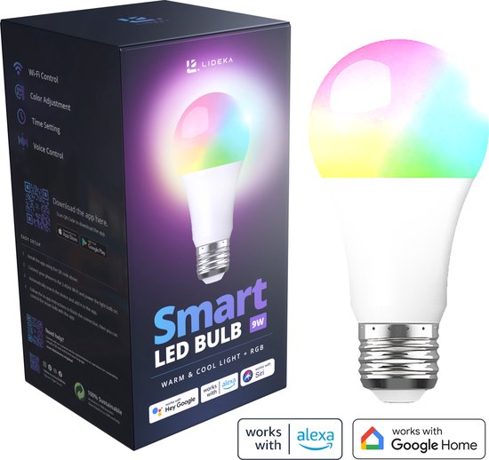 Lideka® - Slimme LED Smart Lampen - E27 9W - RGBW - met App - 800 Lumen - 2700K - 6500K - Smart LED Verlichting - Dimbaar - Google, Alexa en Siri