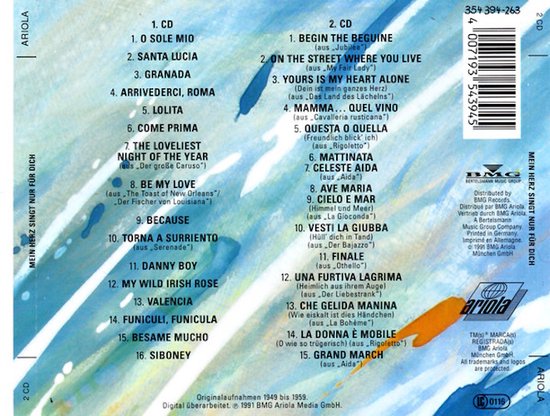 CD hoes met blauwe en oranje verfstrepen. Tracklist van 2 CD's van Mario Lanza.