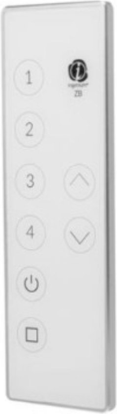 Witte Megaman Ingenium ZB smart home afstandsbediening met genummerde knoppen en bedieningselementen voor aan/uit en helderheid.