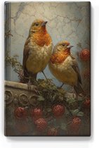 Deux rouges-gorges fantaisie - Laqué à la main - 19,5 x 30 cm - Indiscernable de la vraie peinture sur bois - Plus beau qu'une impression sur toile - Impression laquée.