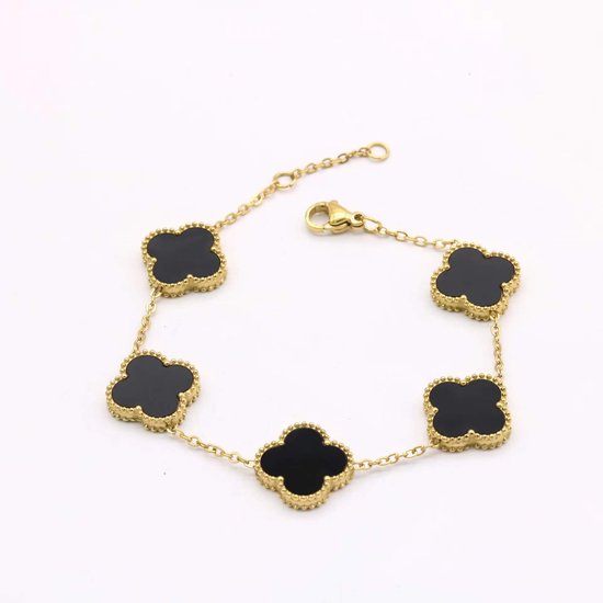 EHHbeauty - Luxe armband - Goudkleurige klaver armband -Zwarte klaver 5 stuks -Lucky bracelet - cadeau vrouw - bracelet