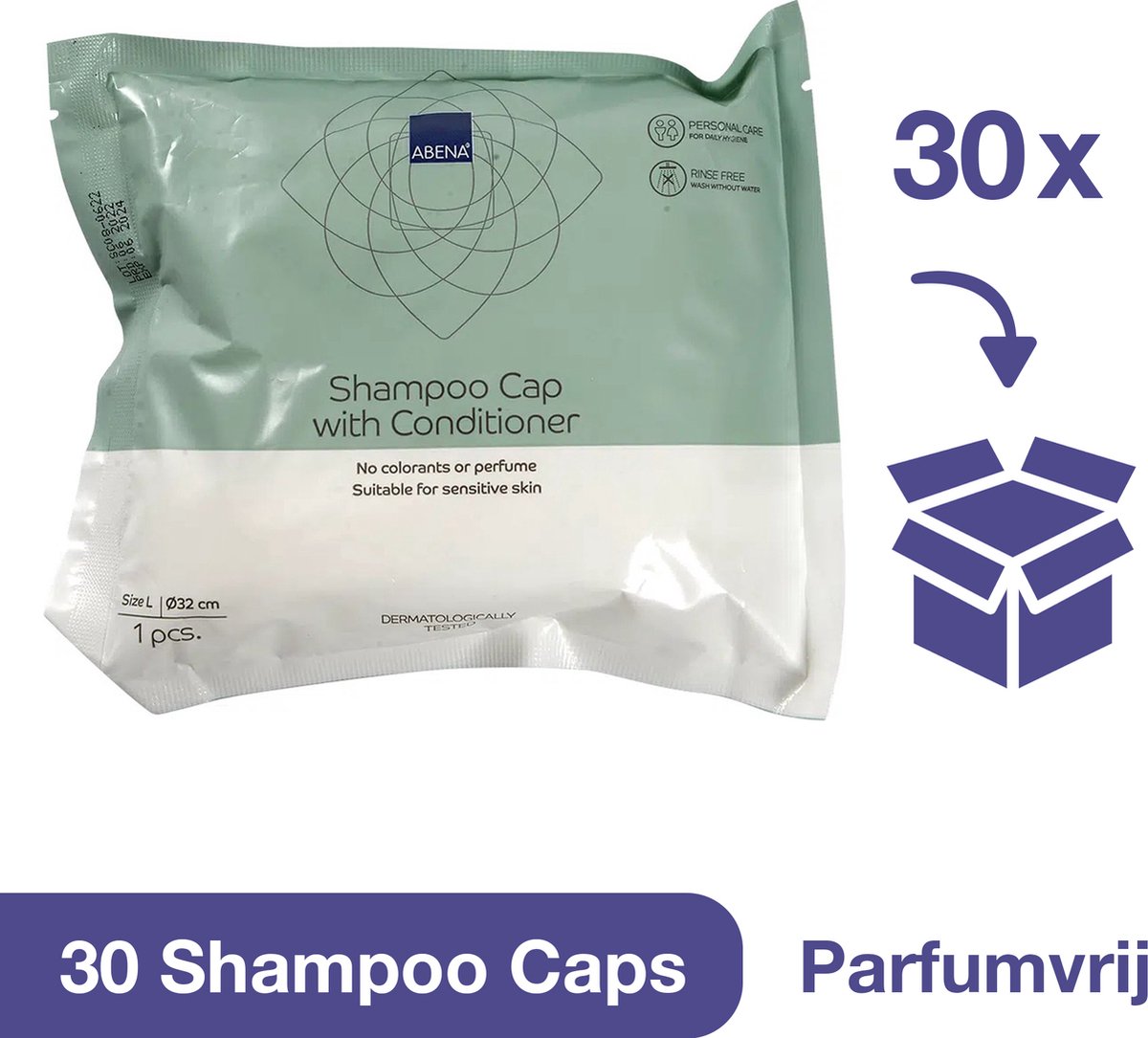 ABENA Shampoo Cap met Conditioner - Voordeelverpakking 30 Stuks - Reinigt en Verzorgd Haar en Hoofdhuid - Parfumvrij en Kleurstofvrij - Haren Wassen Zonder Water