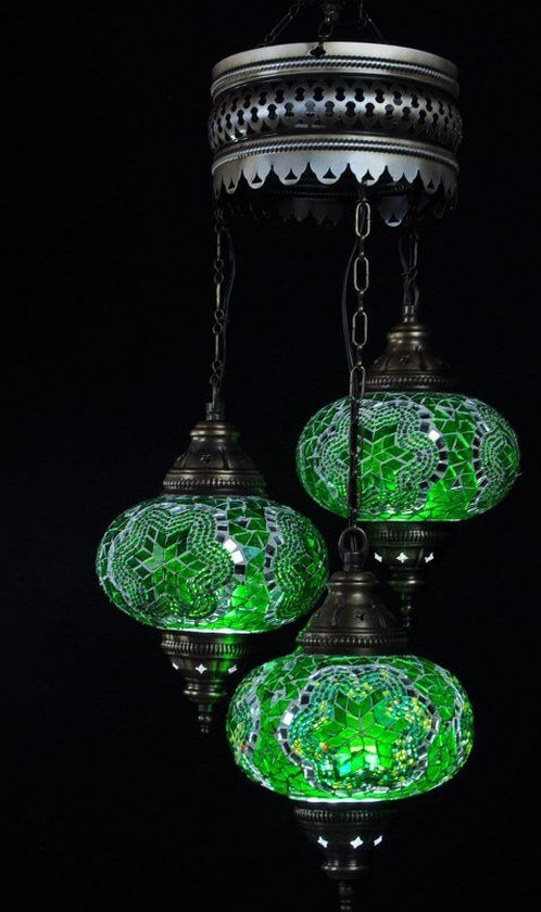 Hanglamp - groen - glas - mozaïek - Turkse lamp - oosterse lamp -  kroonluchter - 3 bollen. | bol