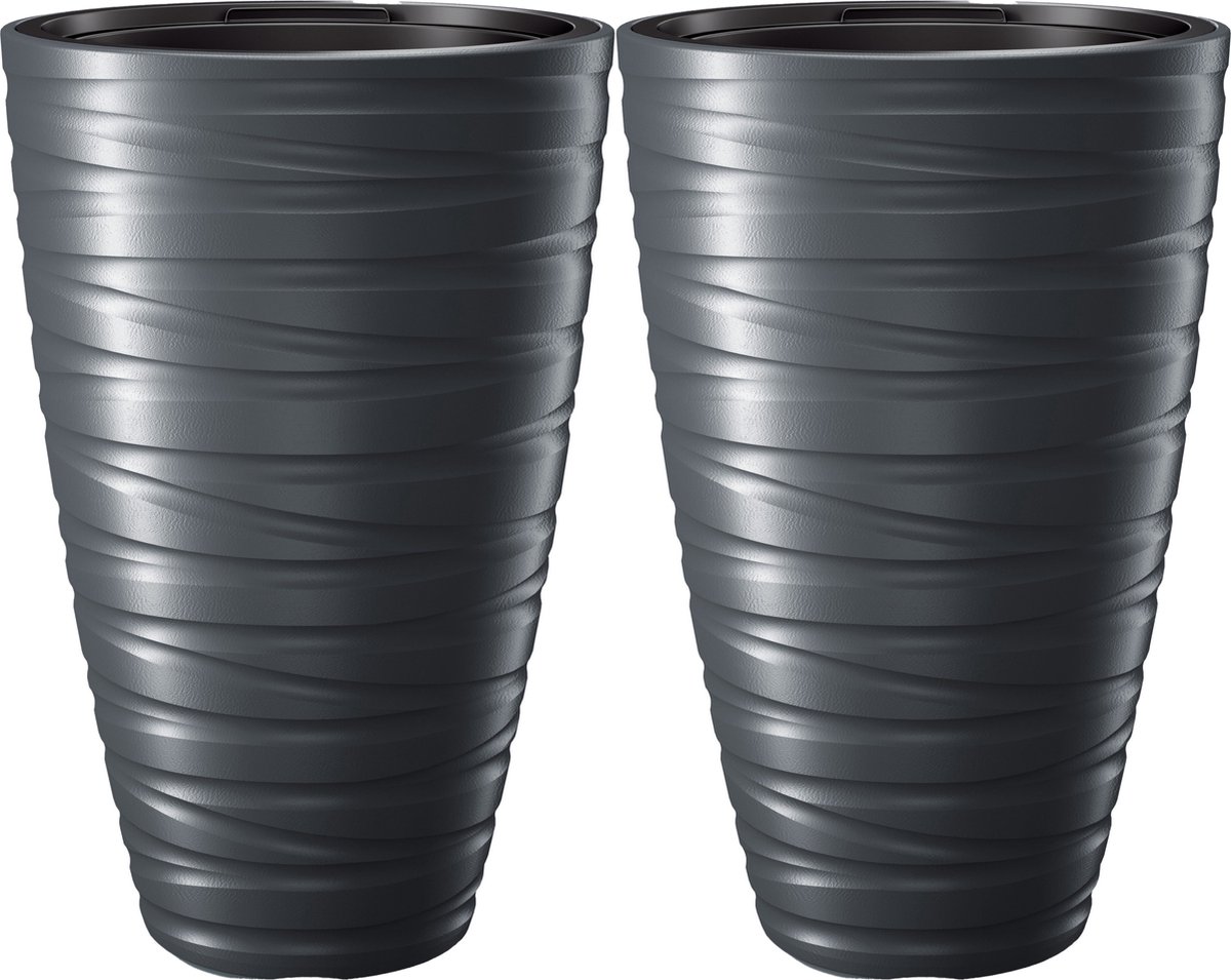 Prosperplast Plantenpot/bloempot Amazing - 2x - buiten/binnen - kunststof - antraciet - D37 x H58 cm - met binnenpot