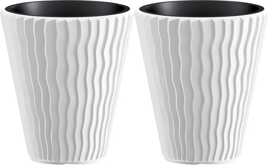 Prosperplast Cache-pot/pot de fleurs Sand Waves - 2x - extérieur/intérieur - plastique - blanc - D39 x H43 cm - avec pot intérieur