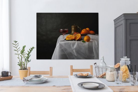 Tableau sur toile Nature Morte - Mandarines - Vin - 120x90 cm - Décoration murale