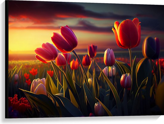 Canvas - Kleurrijke Tulpen in Bloemenveld - 100x75 cm Foto op Canvas Schilderij (Wanddecoratie op Canvas)