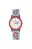 Q&Q V23A-003VY - Horloge - Sport - Analoog - Kinderen - Unisex - Plastic band - Rond - Kunststof - Cijfers - Knuffelbeer - Turkoois - Rood - Wit - 10 ATM