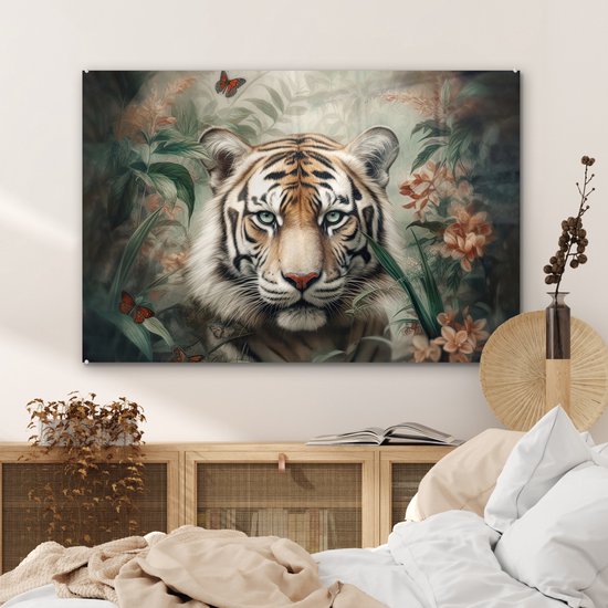Peinture sur verre - Tigre - Fleurs - Blinder - Animaux - Nature - Plaque de verre - Photo sur verre - Peintures sur verre salon - Peinture sur verre - 120x80 cm - Décoration murale - Décoration murale - Chambre - Décoration de chambre