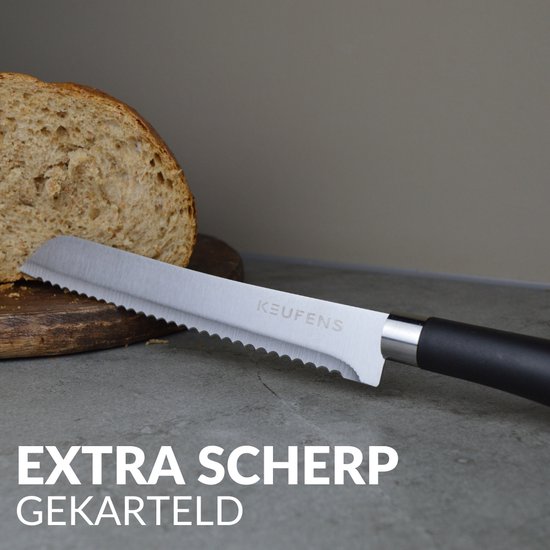 Keufens Broodmes Gekarteld - 32.5 cm - Zwart - RVS - Kartelmes - Brood Mes - Vaatwasserbestendig - Keufens