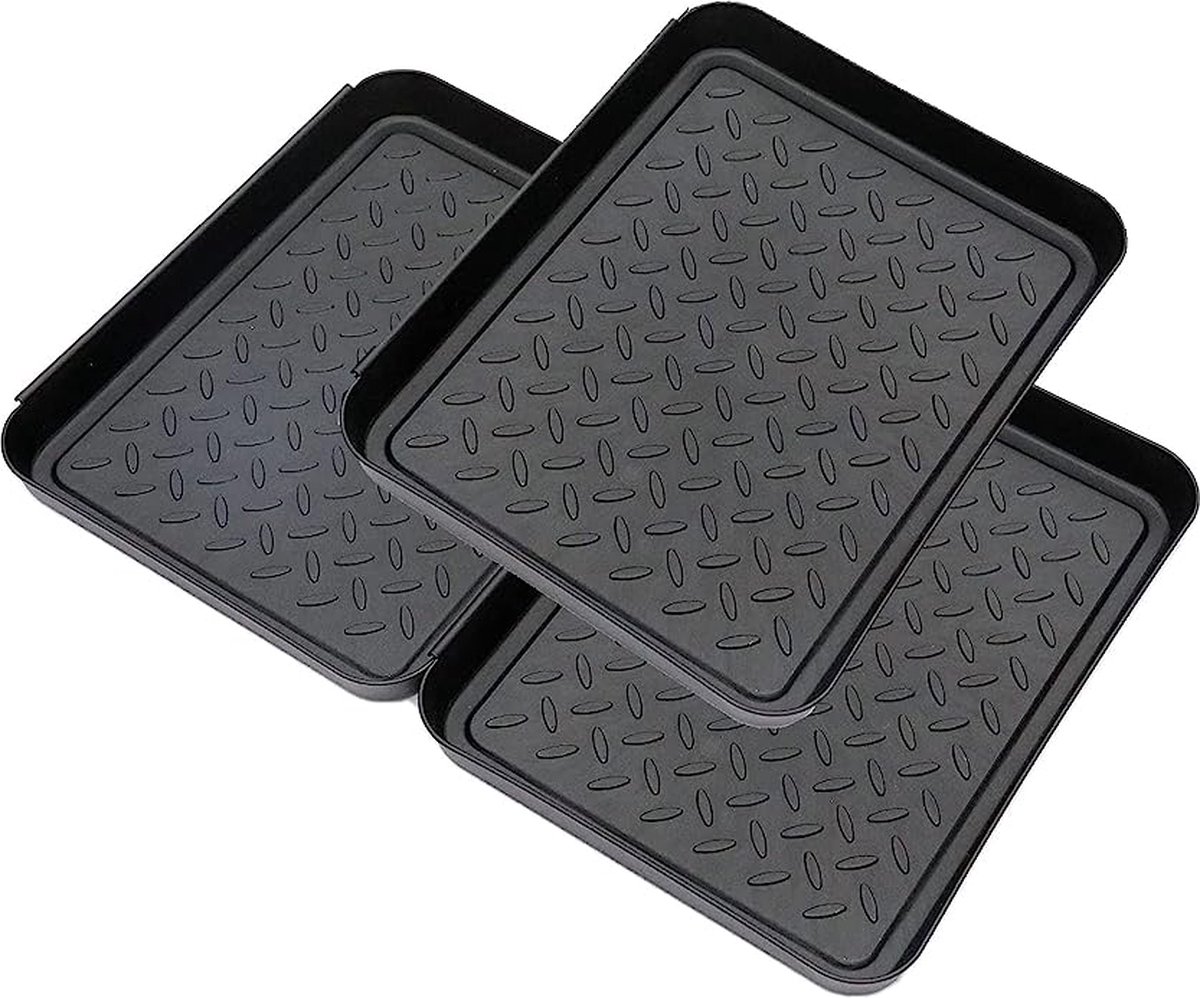 Lekbak voor schoenen, set van 3, schoenenrek, 35 x 27,5 x 3 cm, schoenendruppels, plastic bak voor regenachtige dagen en sneeuwseizoen (zwart), zwart