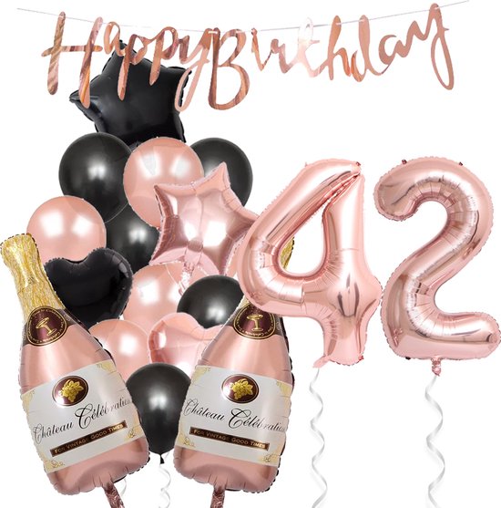 42 Jaar Verjaardag Cijferballon 42 - Feestpakket Snoes Ballonnen Pop The Bottles - Rose Zwart Versiering