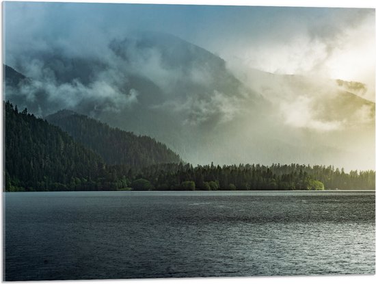 Acrylglas - Mist - Wolken - Bomen - Bossen - Bergen - Zee - Water - Oceaan - 80x60 cm Foto op Acrylglas (Met Ophangsysteem)