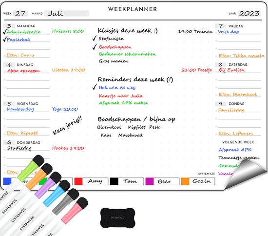 Systemyze weekplanner whiteboard – weekplanner magnetisch – planbord – familieplanner whiteboard – inclusief markers & wisser – a3 formaat