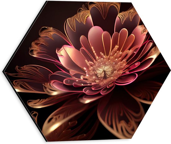 Dibond Hexagon - Roze Bloem met Rosé Gouden Details - 30x26.1 cm Foto op Hexagon (Met Ophangsysteem)