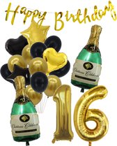16 Jaar Verjaardag Cijferballon 16 - Feestpakket Snoes Ballonnen Pop The Bottles - Zwart Goud Groen Versiering
