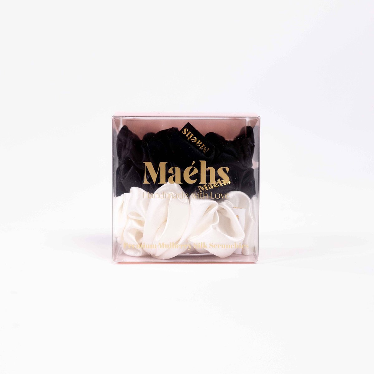 Maéhs Set van 3 scrunchies 2x medium en large, haaraccessoires - haarelastiekjes - 100% moerbei zijde, kwaliteit 22 Momme - Kleur black ivory - cadeautip
