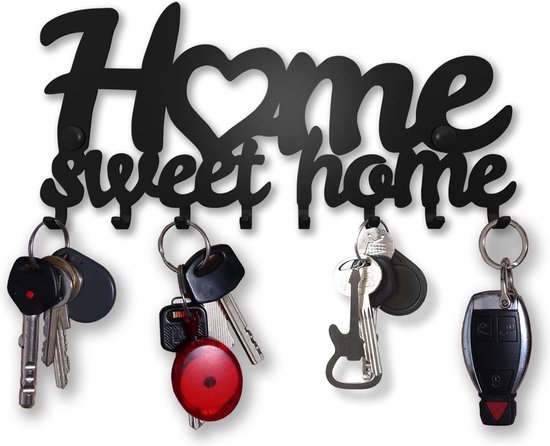 Porte-clés moderne, Home Sweet Home Porte-clés, porte-clés mural, porte-clés avec 8 crochets, porte-clés noir, porte-clés mural, décoration murale couloir, décoration métal