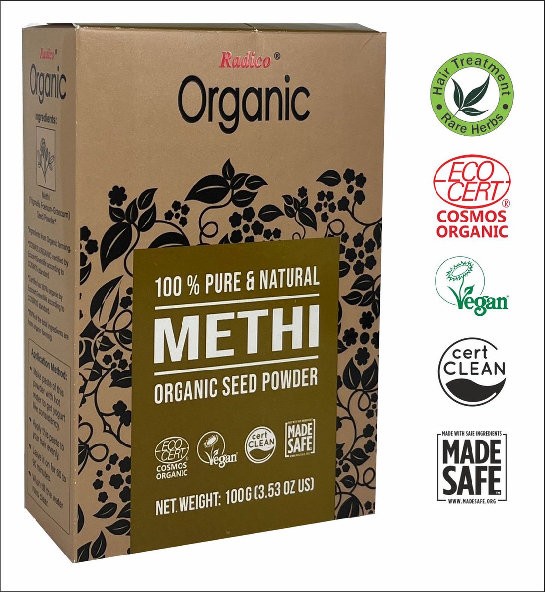 Radico ORGANIC METHI 100% Natuurlijke BIO Organic Vegan Haargroei, Anti-Haaruitval, Anti-Vergrijzing, Care, Volume, Voedende Poeder Haarmasker en Shampoo 2 in 1 met ECOCERT 100g