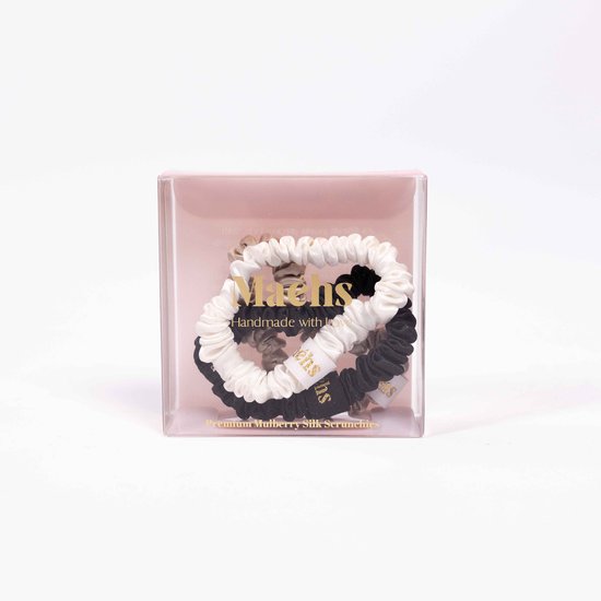 Maéhs Set van 3 scrunchies klein haaraccessoires - haarelastiekjes -100% moerbei zijde, kwaliteit 22 Momme - Kleur Ivory, zwart, champagne - cadeautip