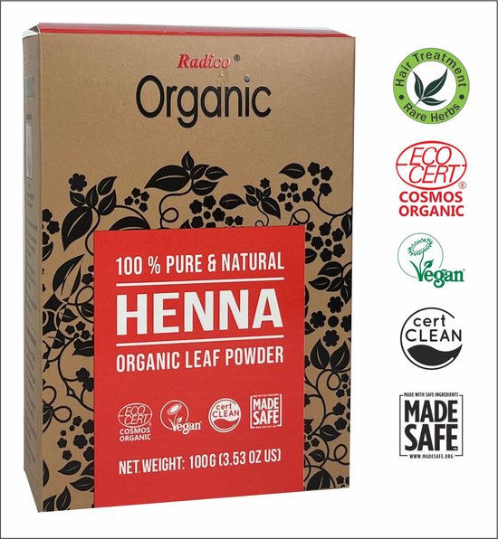 Radico ORGANIC HENNA Rood 100% Natuurlijke BIO Organic Haarverf Zonder Ammoniak. Ammonia. PPD. PTD. Peroxide. Waterstofperoxide etc. met o.a. ECOCERT 100g