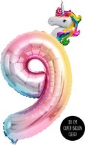 Snoes - XL Cijfer Ballon 9 - Vrolijke Helium Regenboog Eenhoorn Cijfer Ballon Met Mini Unicorn - Paardenmeisjes - Verjaardag