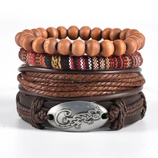 Stoere - 4 delige - heren armband set leer – kralen – textiel - zelf in grootte instelbaar