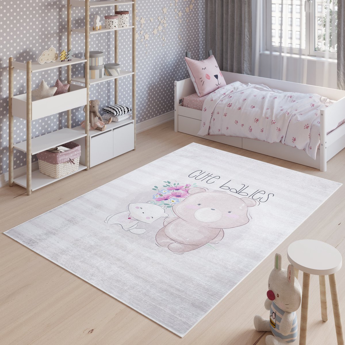 Tapiso Emma Vloerkleed Kinderkamer Kindertapijt Grijs Dieren Tapijt Maat- 80x150