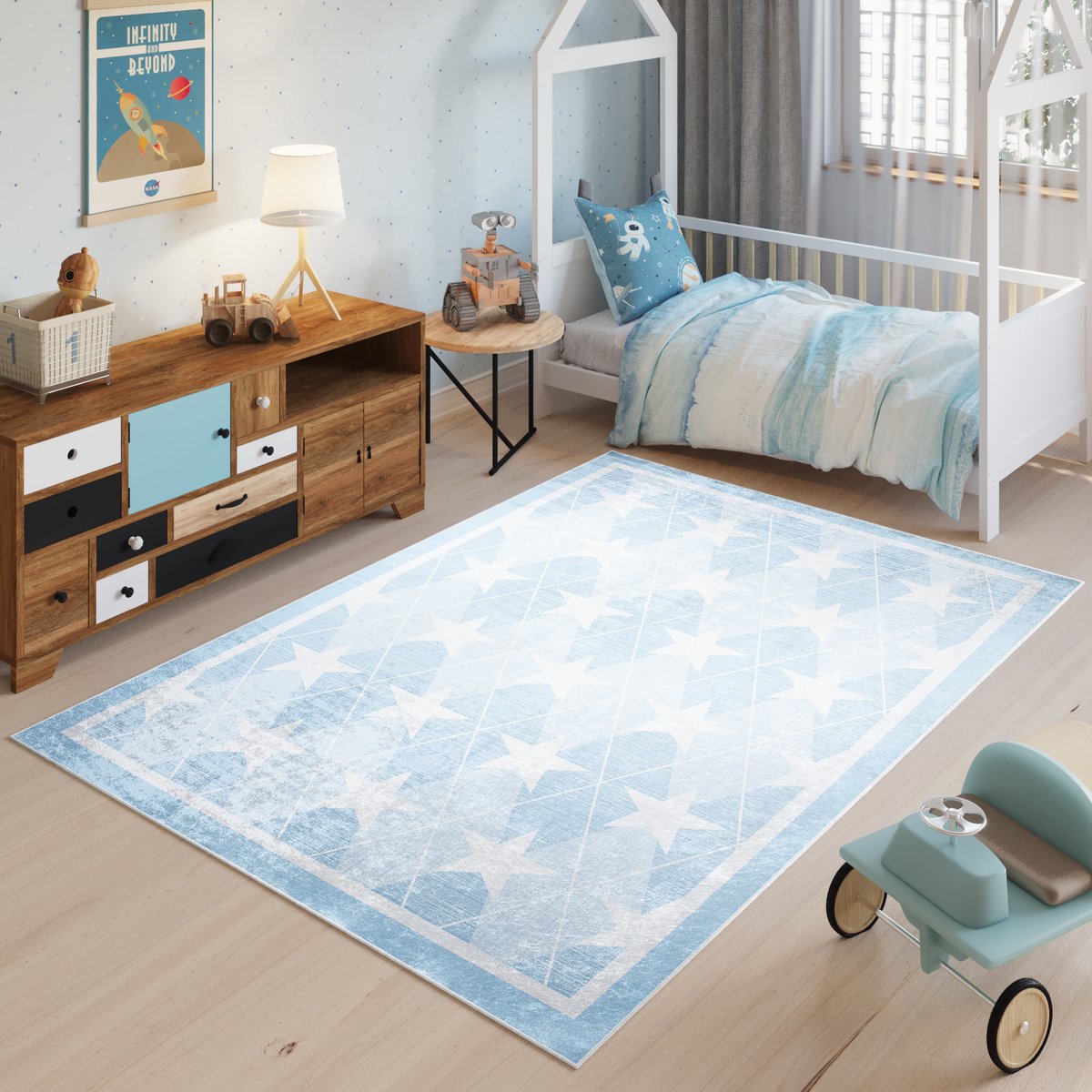Tapiso Emma Vloerkleed Kinderkamer Kindertapijt Blauw Sterren Tapijt Maat- 140x200 Blauw Wit 2