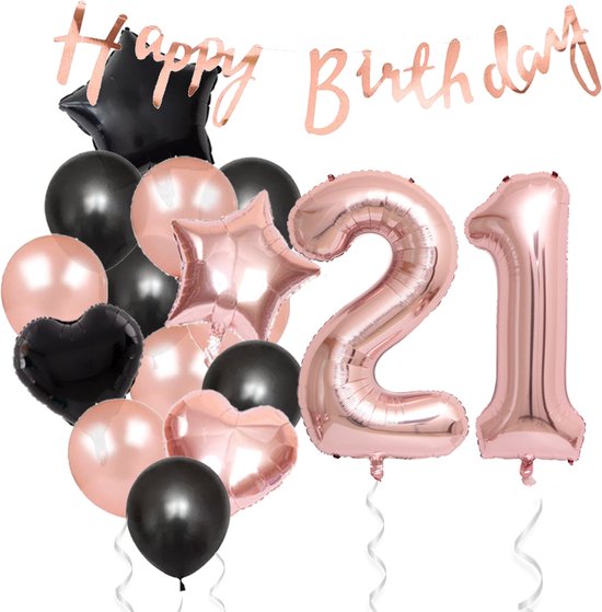 Snoes Ballonnen 21 Jaar Feestpakket – Versiering – Verjaardag Set Liva Rose Cijferballon 21 Jaar -Heliumballon