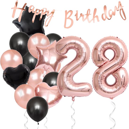 Snoes Ballonnen 28 Jaar Feestpakket – Versiering – Verjaardag Set Liva Rose Cijferballon 28 Jaar -Heliumballon