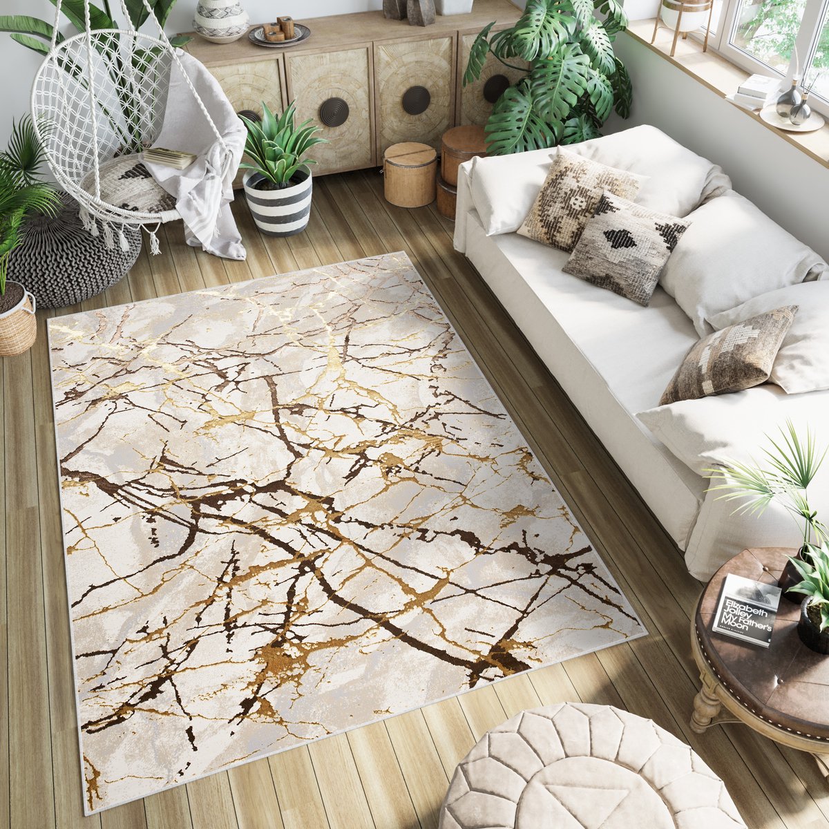 Tapiso Golden Vloerkleed Beige Tapijt Laagpolig Maat- 80x150