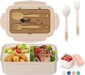 Lunchbox voor volwassenen en kinderen, Bento Box, broodtrommel, 1400 ml, met 3 vakken, incl. bestek, de snackbox is geschikt voor magnetrons en vaatwassers, voor school, werk, picknick en op reis, kaki + sausbakje
