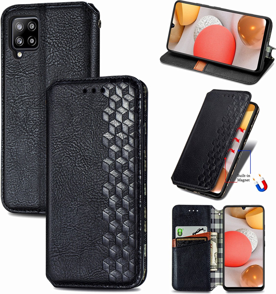 Luxe PU Lederen Ruitpatroon Wallet Case + PMMA Screenprotector voor Galaxy A42 5G _ Zwart